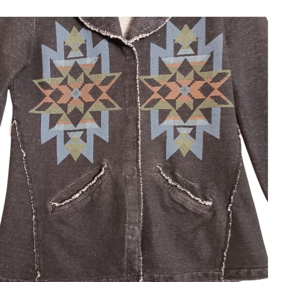 Natural Reflections, Cotton Jacket, Medium, Coal with Southwestern Print, Boho - Picture 5 of 14